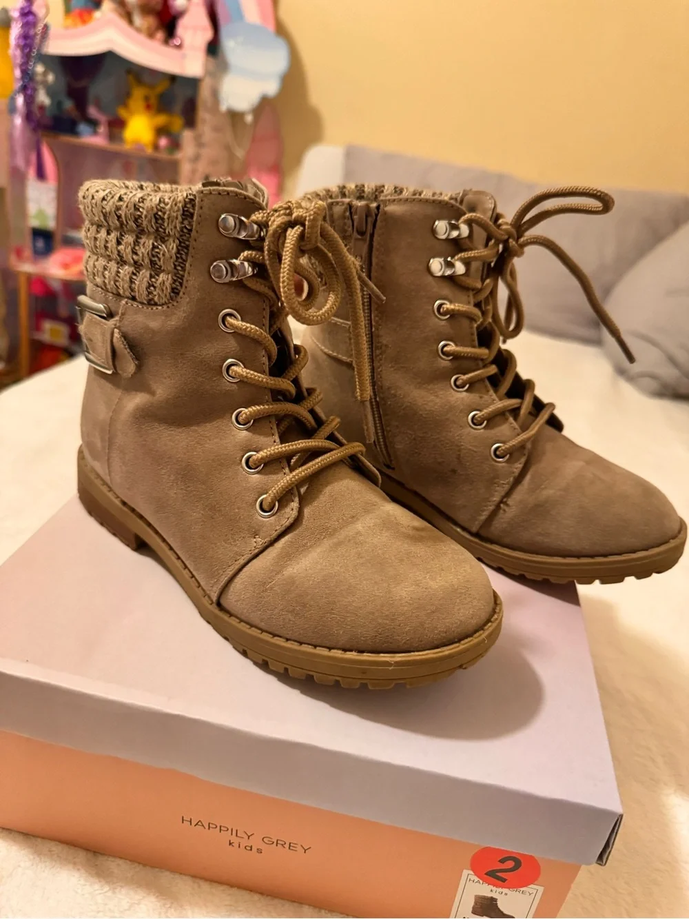 Happily Grey kids tan suede